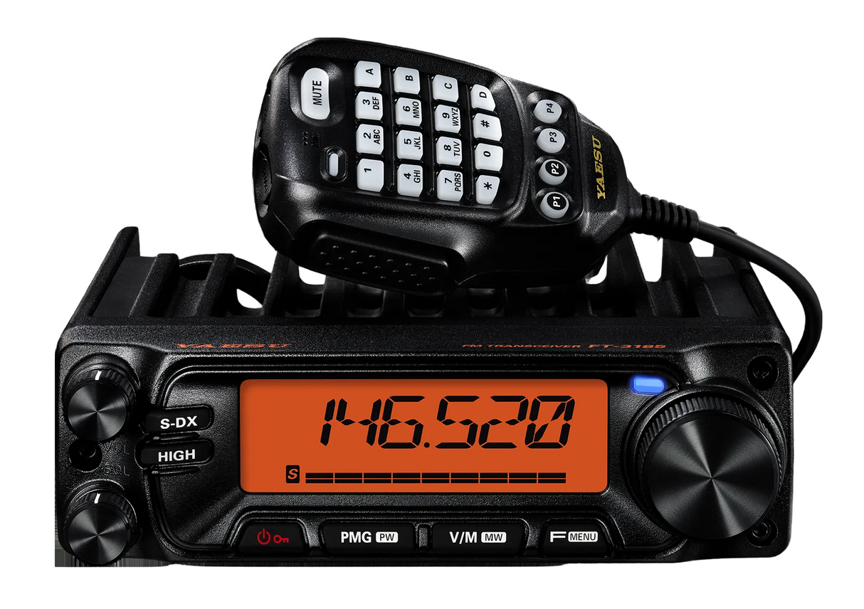 Voorzijde Yaesu FT-3185E ASP mobiele transceiver met SSM-85D DTMF handmicrofoon