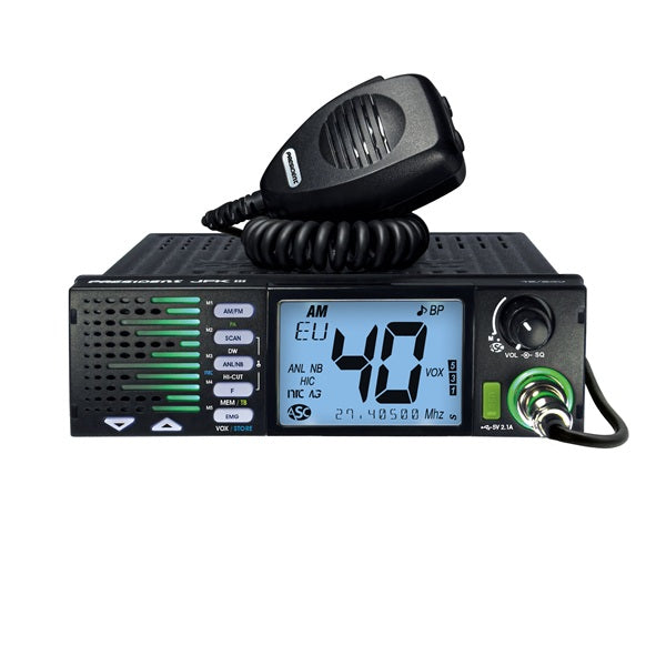 President JFK-3 27MHz transceiver met microfoon en het grote display is ingesteld met lichtblauwe achtergrondverlichting