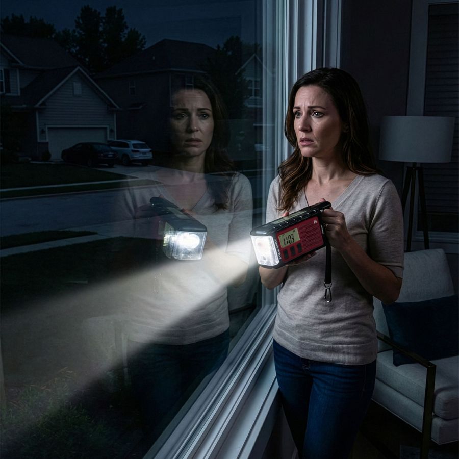 Vrouw die in het donker bij het raam staat met de zaklamp van de Midland ER300 Pro noodradio ingeschakeld