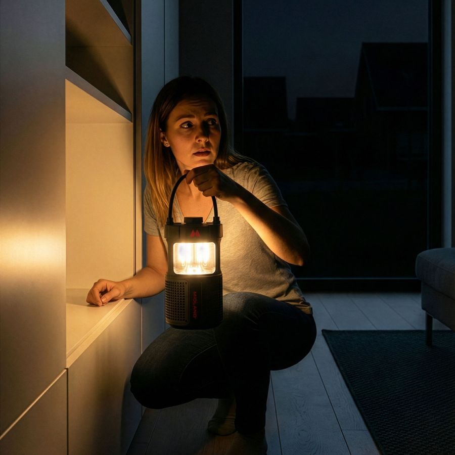 Vrouw die in het donker met een Midland C1717 ER-led lantaarn in haar hand loopt