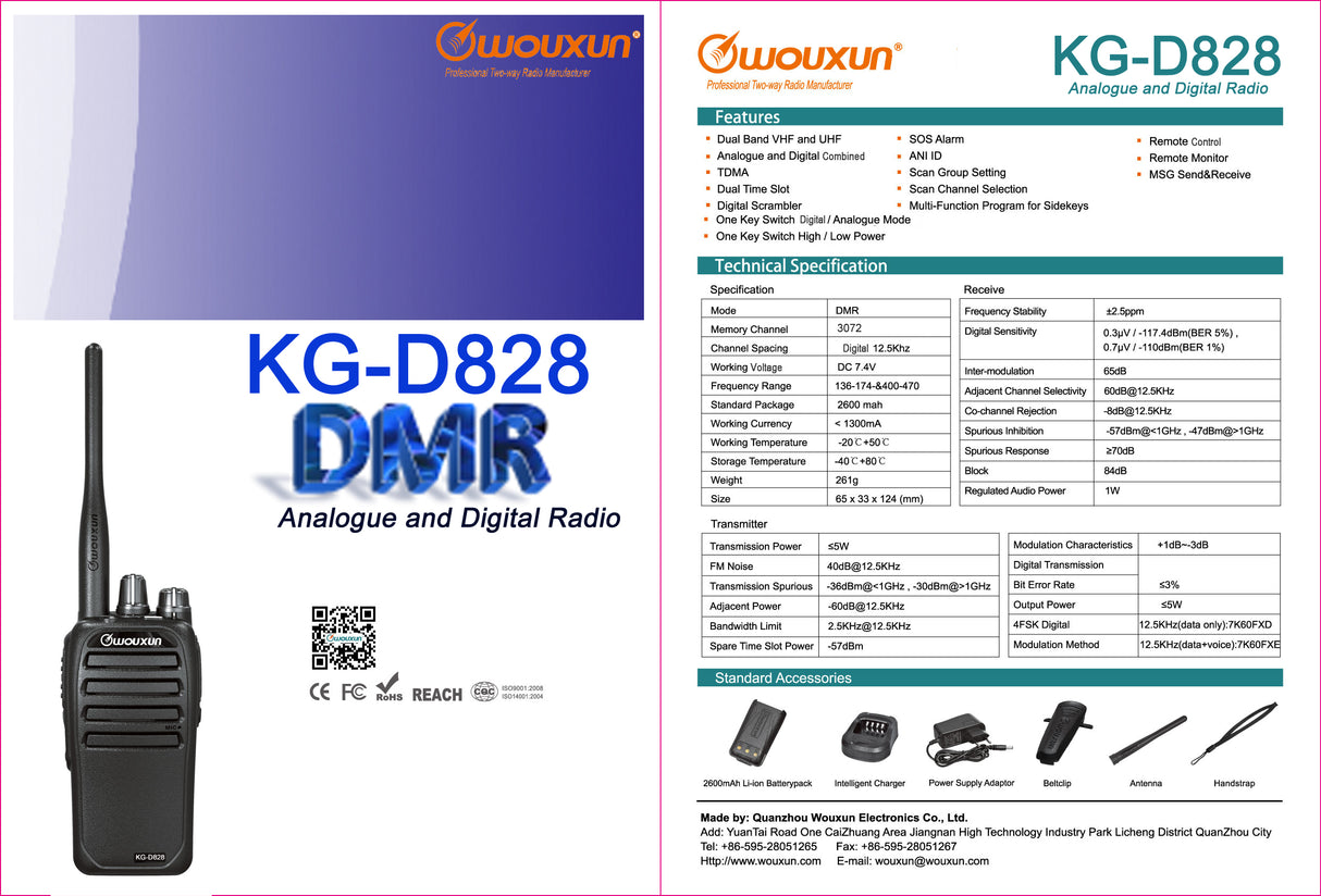 Wouxun KG-D828 datasheet met specificaties en meegeleverde accessoires