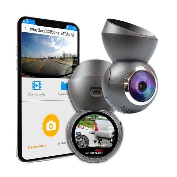 Compacte ronde Whistler D28RS HD Dashcam met magnetische houder en gratis App voor smartphones