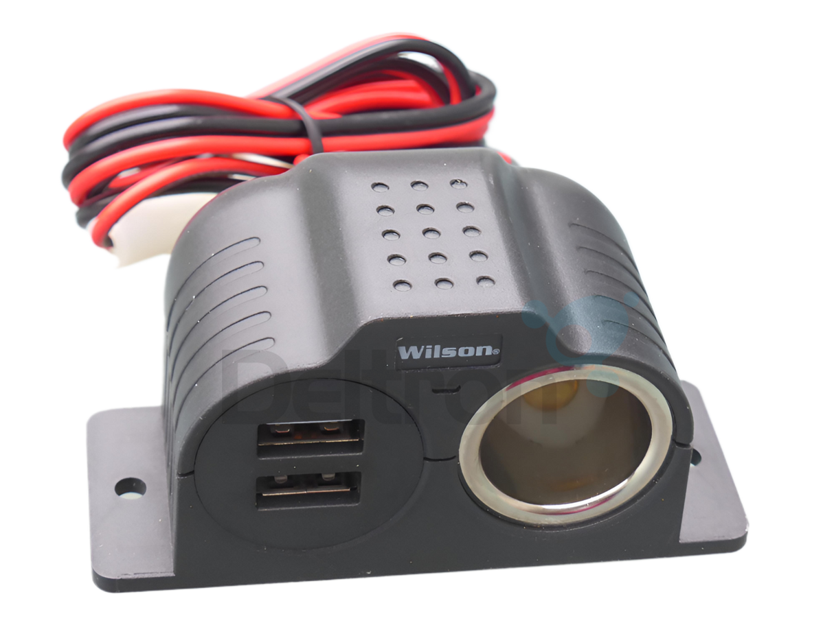 Wilson 30512V2USB 12V stroomvoorziening met aanstekeraansluiting en twee usb-poorten en een voedingskabel met plus en min