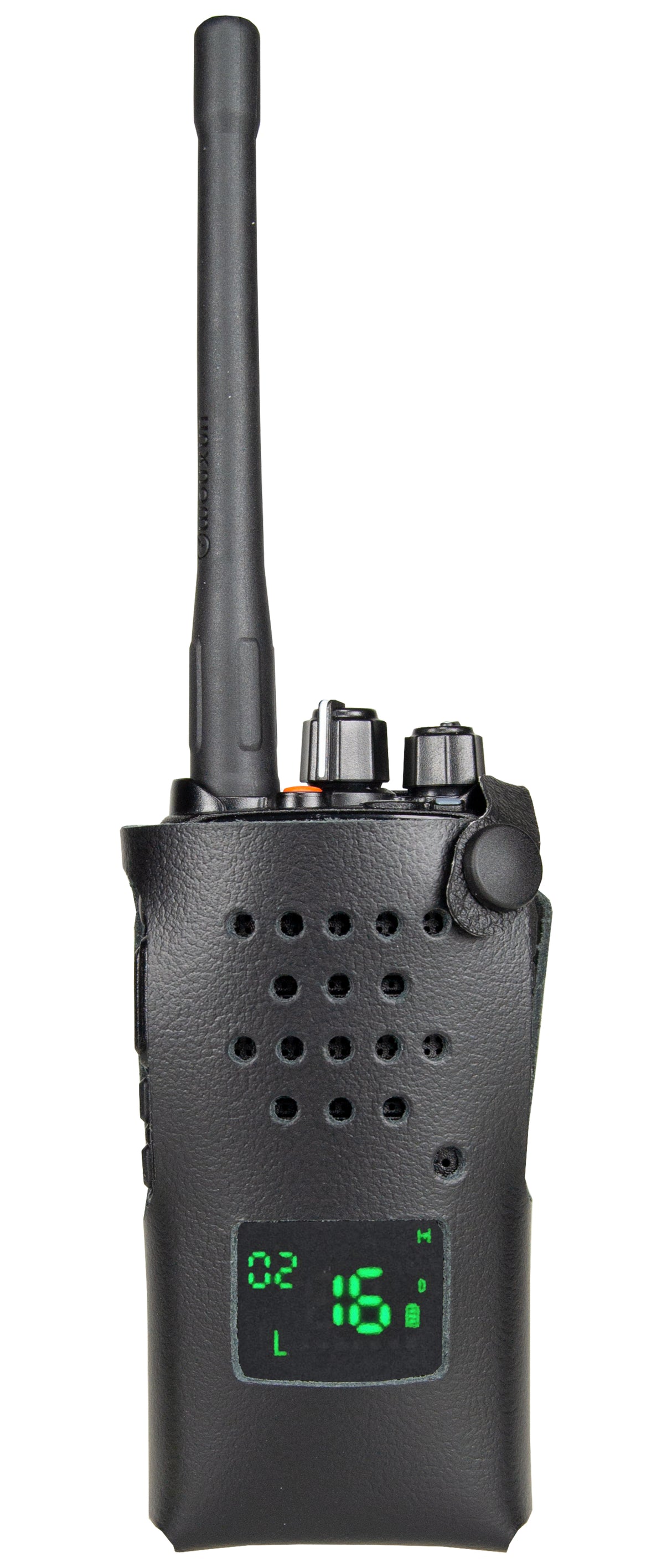 Wouxun KG-D26 portofoon in een leren tasje met uitspraing voor het display