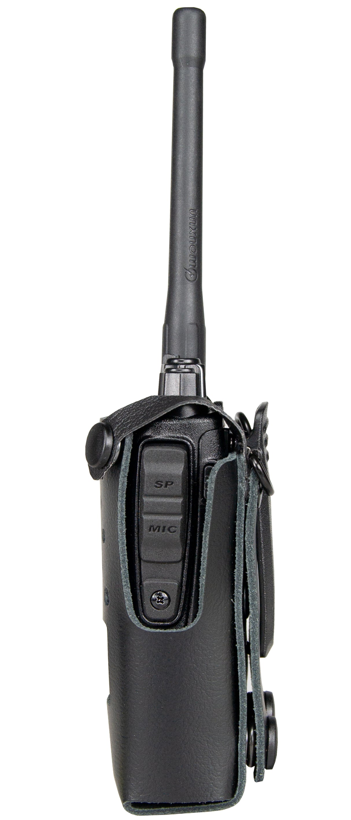 Wouxun KG-D26 in een leren portofoontasje met uitsparing voor de toetsen