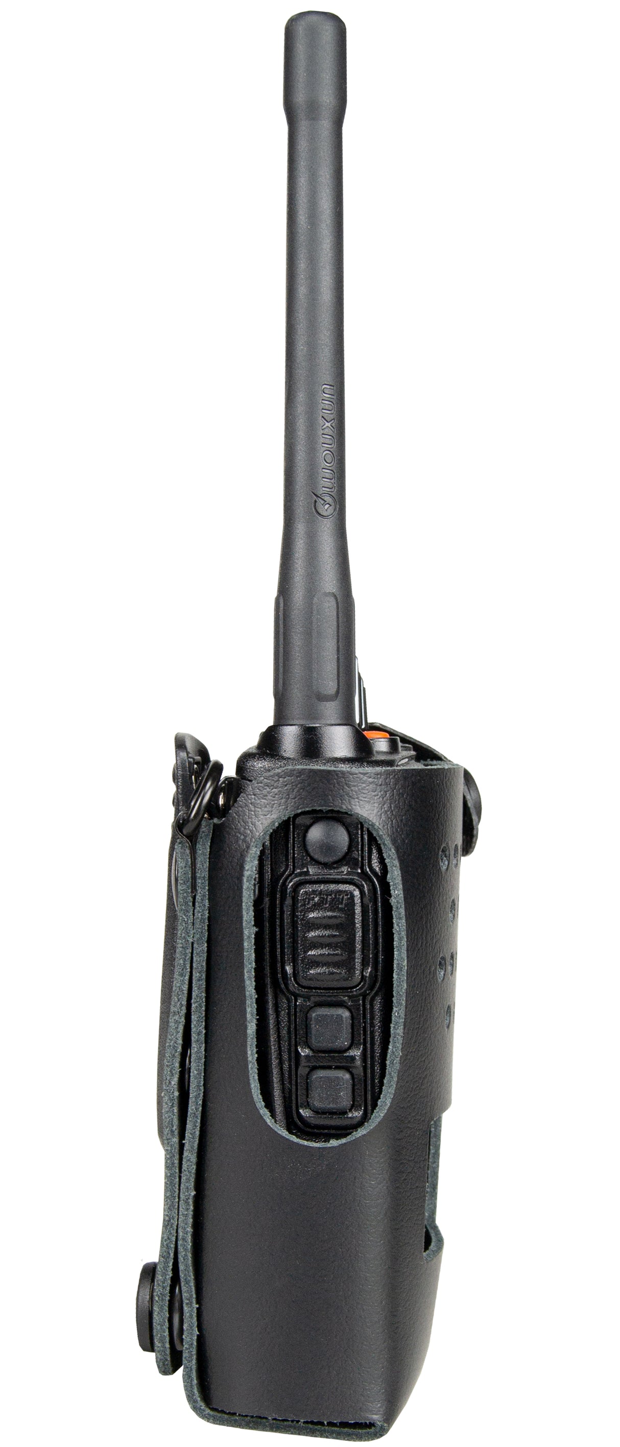 Wouxun KG-D26 in een lederen beschermtasje met toegankelijke knoppen