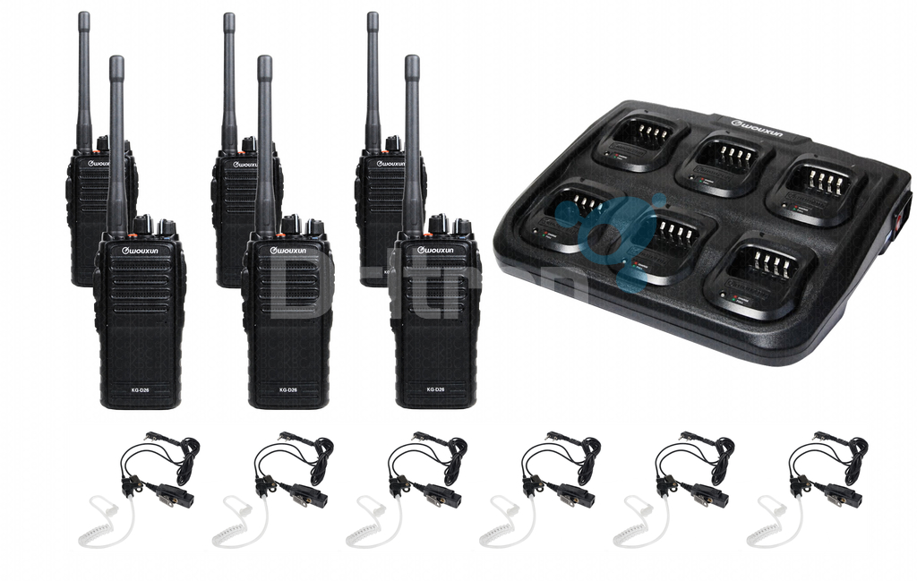 Wouxun KG-D26 PMR446 portofoonset van zes stuks met een zesvoudige desktop lader en zes KEP-26K oortjes