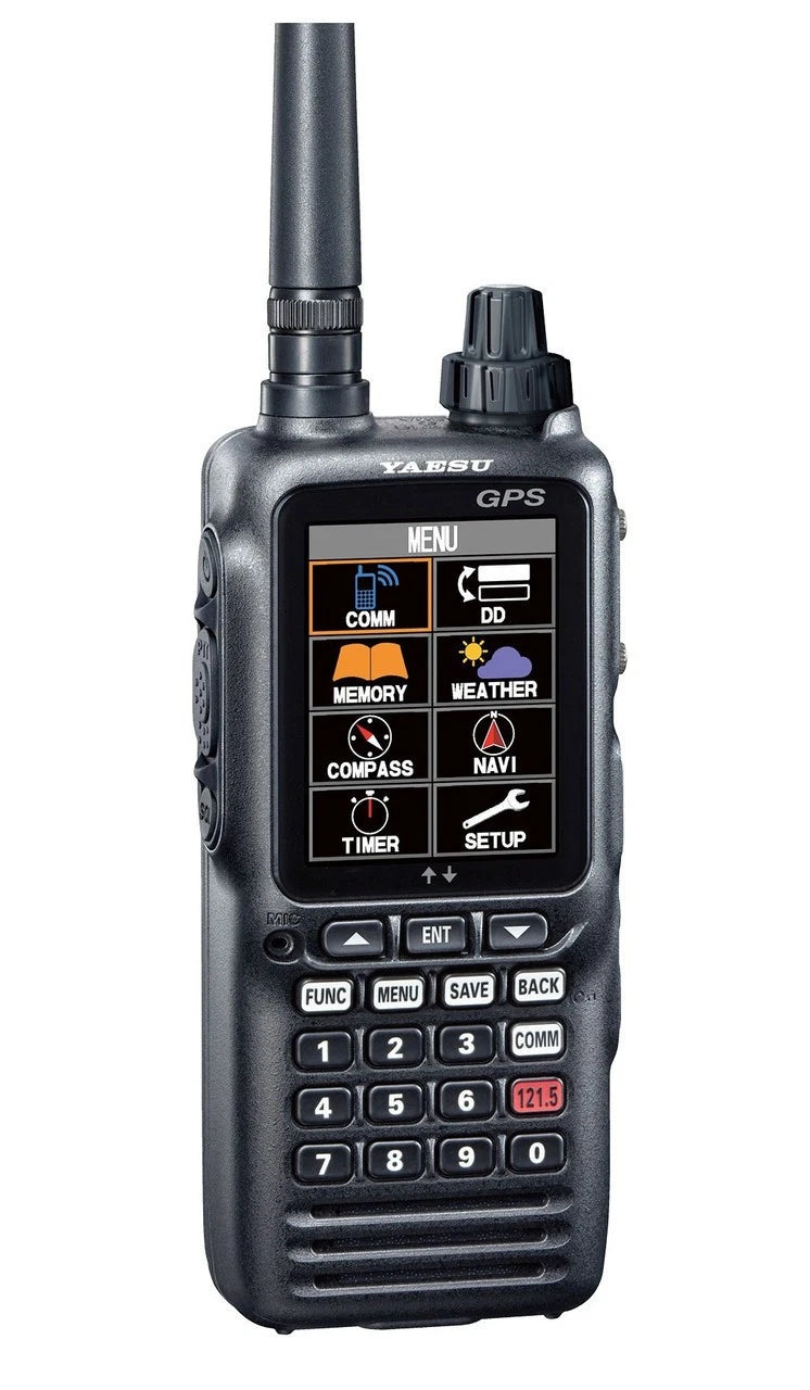 Menu op het grote displa van de Yaesu FTA-850AA airband transceiver met Bluetooth, GPS, ILS en meer