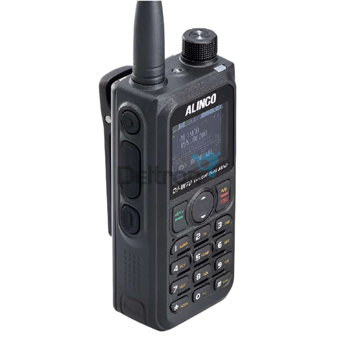 Zijkant Alinco DJ-W70HE handheld uhf/vhf transceiver voor de 2m en 70cm band.
