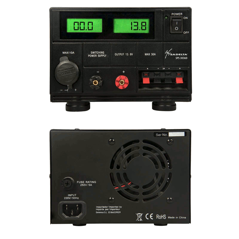 Voor en achterkant van de Sadelta SPS-3036D elektronische voeding