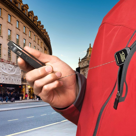 Een smartphone in de hand die aan een Gear Keeper retractor zit bevestigd