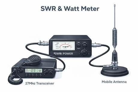 SWR en Watt meter aangesloten tussen 27MC transceiver en mobiele antenne voor het correct afstellen van SWR