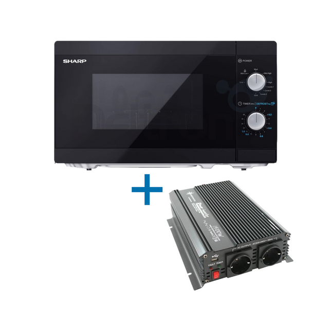 24 volt magnetronset bestaande uit een Sharp YC-MG01E magnetron met grill en een K-PO 1500W 24-230V omvormer