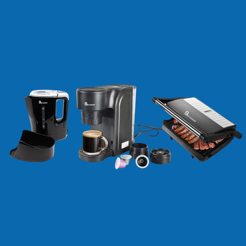 24Volt koffieapparaat, 24V tosti apparaat, 24V contactgrill en 24V waterkoker voor gebruik onderweg in een vrachtwagen