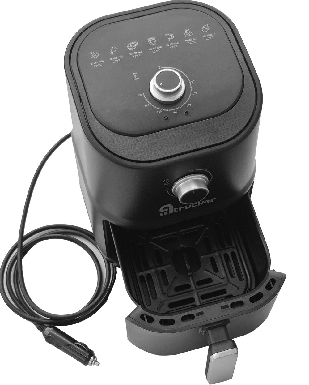 24 volt airfryer met een uitneembare binnenbak die voorzien is van een anti-aanbaklaag, inhoud 3 liter en vermogen 250W