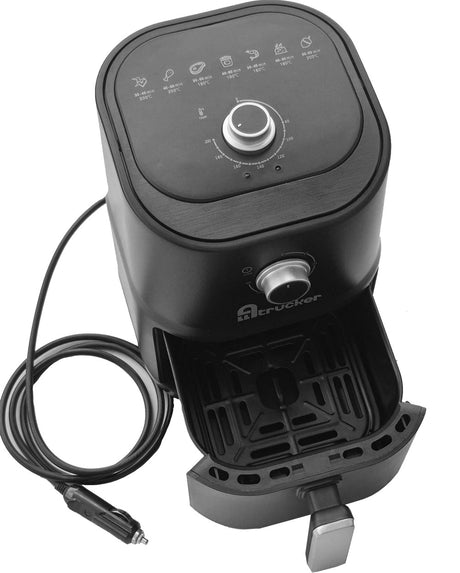 24 volt airfryer met een uitneembare binnenbak die voorzien is van een anti-aanbaklaag, inhoud 3 liter en vermogen 250W