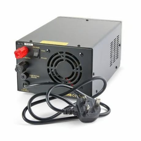 Achterzijde Moonraker SM-50IIE V2 geschakelde voeding met aansluitingen en 230V voedingskabel