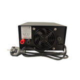 Achterkant van de RM SPS1050S elektronische voeding met vintilator, aansluitingen en meegeleverde 230V voedingskabel
