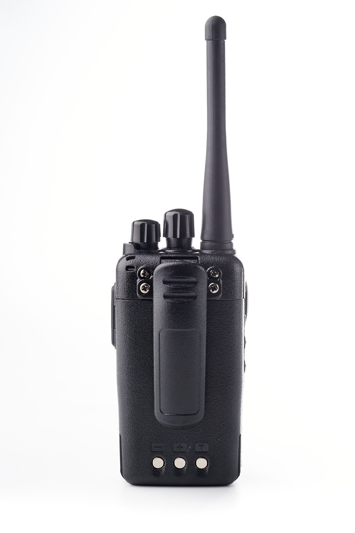 Achterkant van de Dynascan L88 Plus portofoon met riemclip en antenne