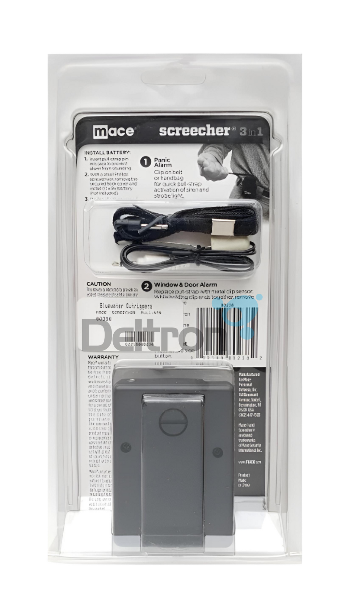 Achterkant verpakking van de Mace screecher 3-in-1 persoonlijk alarm