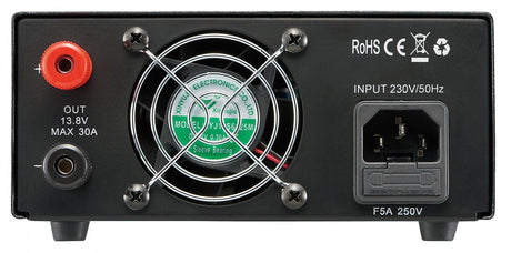 Achterkant Alinco DM-30E digitale voeding met ventilator en aansluitingen