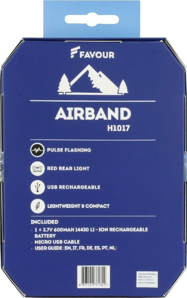 Achterzijde verpakking waarin de Favour H1017 hoofdlamp 120 lumen geleverd wordt