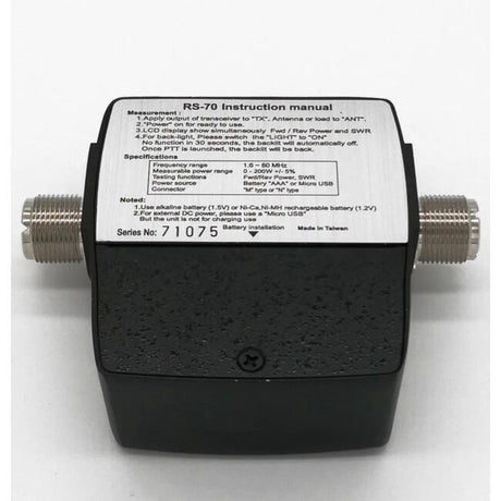 Achterzijde van de KPO RS-70MAX meter voor SWR, vermogen en PEP op AM en SSB