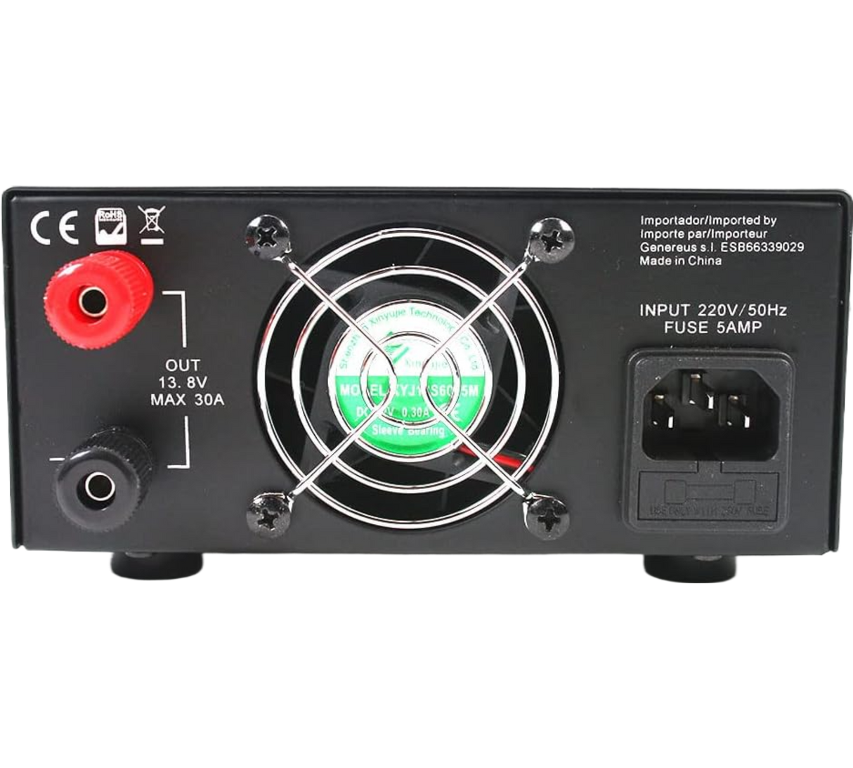 Achterzijde van de Sadelta SPS-2529a voeding met aansluitingen en ventilator