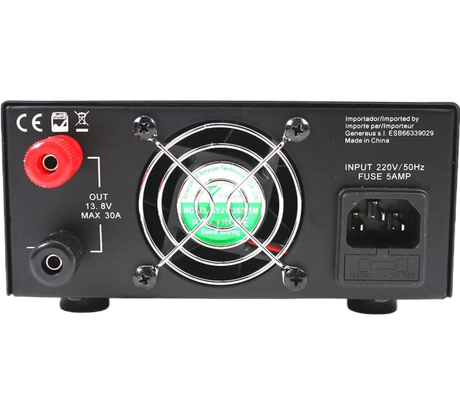 Achterzijde van de Sadelta SPS-2529a voeding met aansluitingen en ventilator