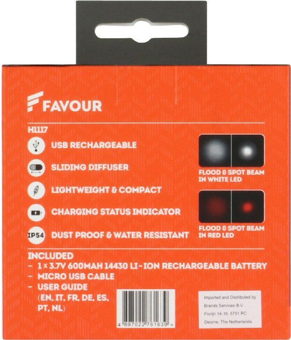 Achterzijde verpakking waarin de Favour H1117 oplaadbare hoofdlamp wordt geleverd