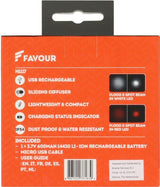 Achterzijde verpakking waarin de Favour H1117 oplaadbare hoofdlamp wordt geleverd