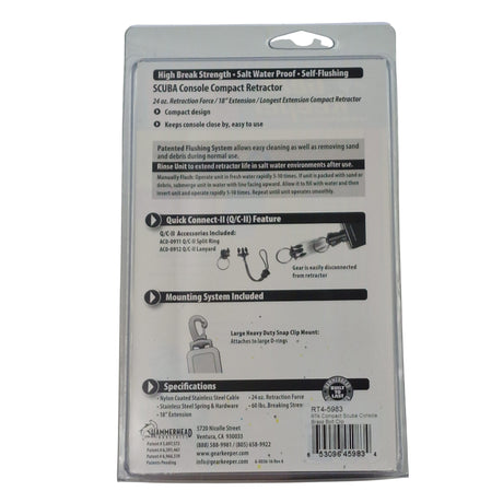 Achterzijde verpakking met instructies voor het gebruik van de Gear Keeper RT4-5983 retractor voor duikconsoles
