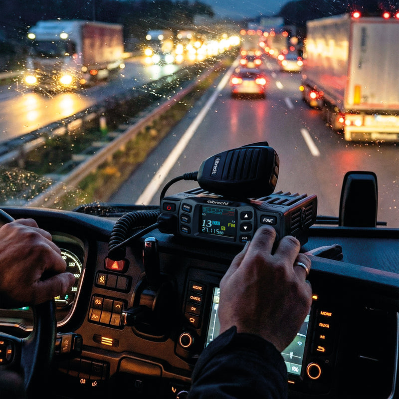 Albrecht AE5900 AM, FM, SSB transceiver op het dashboard van een vrachtwagen die op de snelweg rijdt