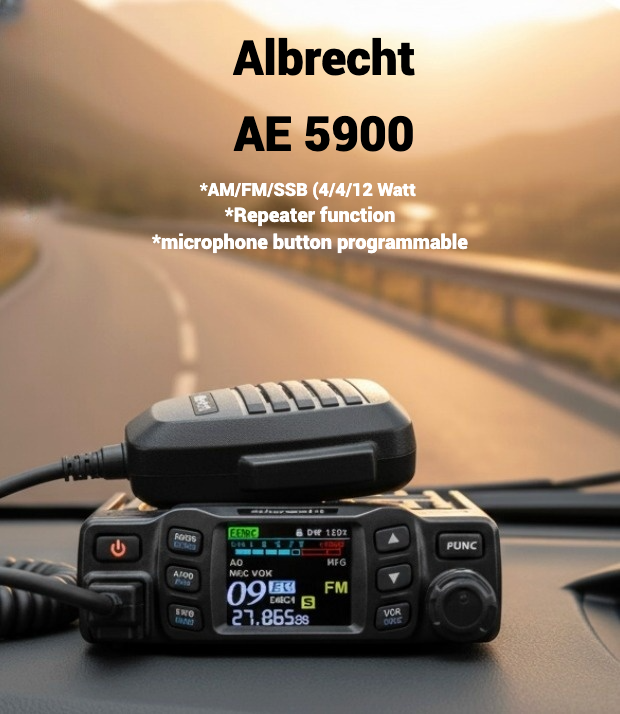 Albrecht AE5900 27MHz CB transceiver met AM, FM en SSB banden, een repeater functie en programmeerbare handmicrofoon