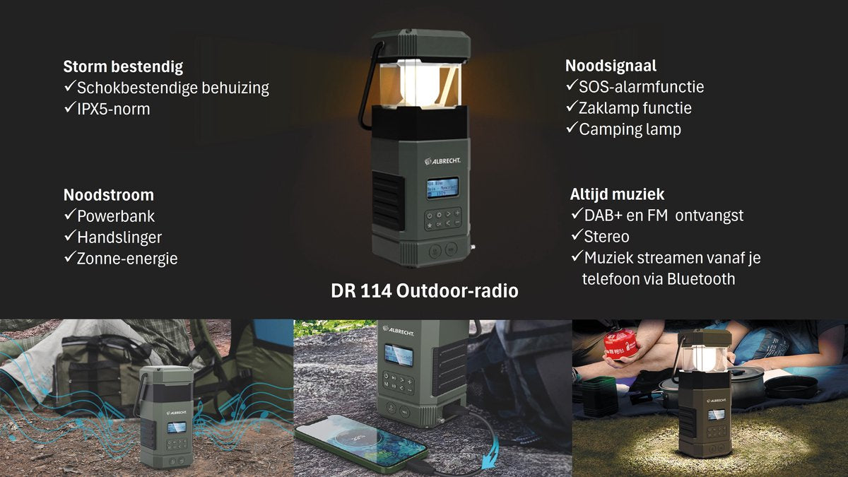 Albrecht DR114 DAB+ noodradio met bluetooth, powerbank, zonnepaneel, os, en handslinger