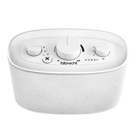 Close-up van de bedieningsknoppen op de Albrecht KLARO TV audio amplifier en Bluetooth speaker