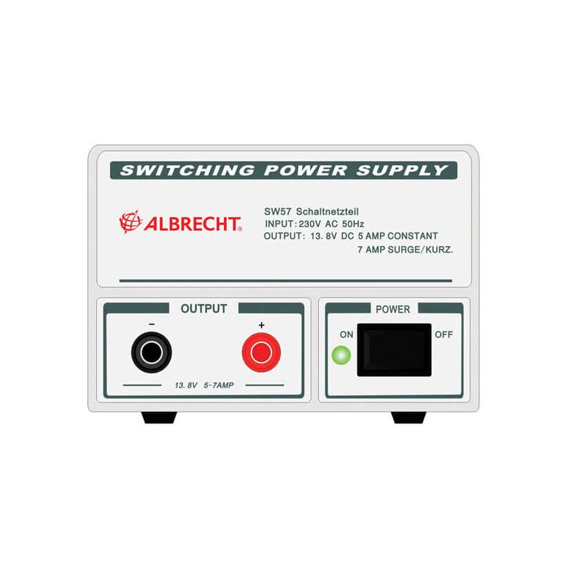 Voorzijde Albrecht SW57 een elektronische voeding met daarop de aansluitingen en schakelaar 