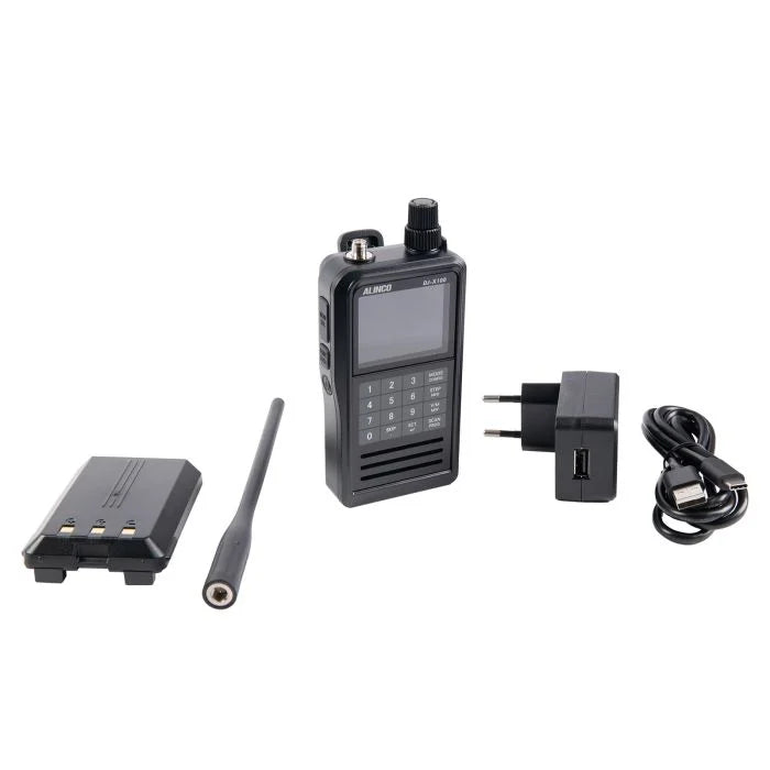 Alinco J-X100E handheld scanner met accu, antenne en AC-adapter met USB-aansluiting