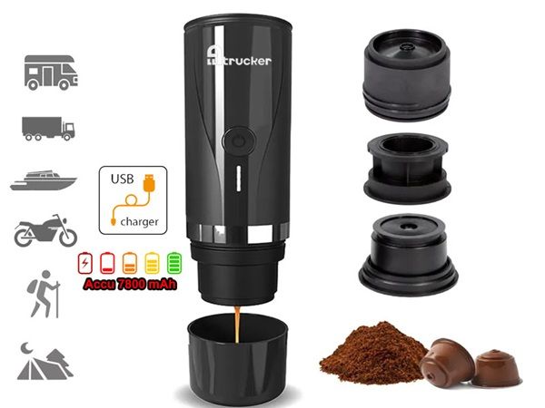 Draagbare koffieapparaat die werkt op USB met veel meegeleverde accessoires om koffiecapsules en losse koffie te kunnen gebruiken