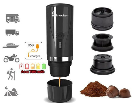 Draagbare koffieapparaat die werkt op USB met veel meegeleverde accessoires om koffiecapsules en losse koffie te kunnen gebruiken