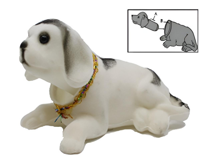 Alltrucker hondje met wiebelende kop in de kleuren offwhite met grijs. Te plaatsen op een hoedenplank of dashboard van een voertuig