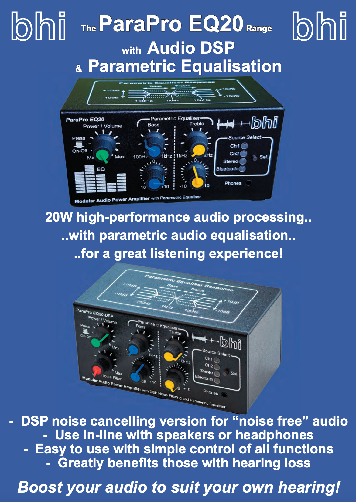 Flyer BHI Pararo EQ20 serie audio versterkers met DSP noise cancelling