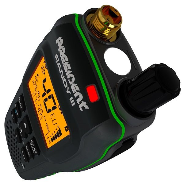 Bovenkant van de President RANDY-3 PLUS IP67 portofoon met antenne aansluiting en oranje display verlichting