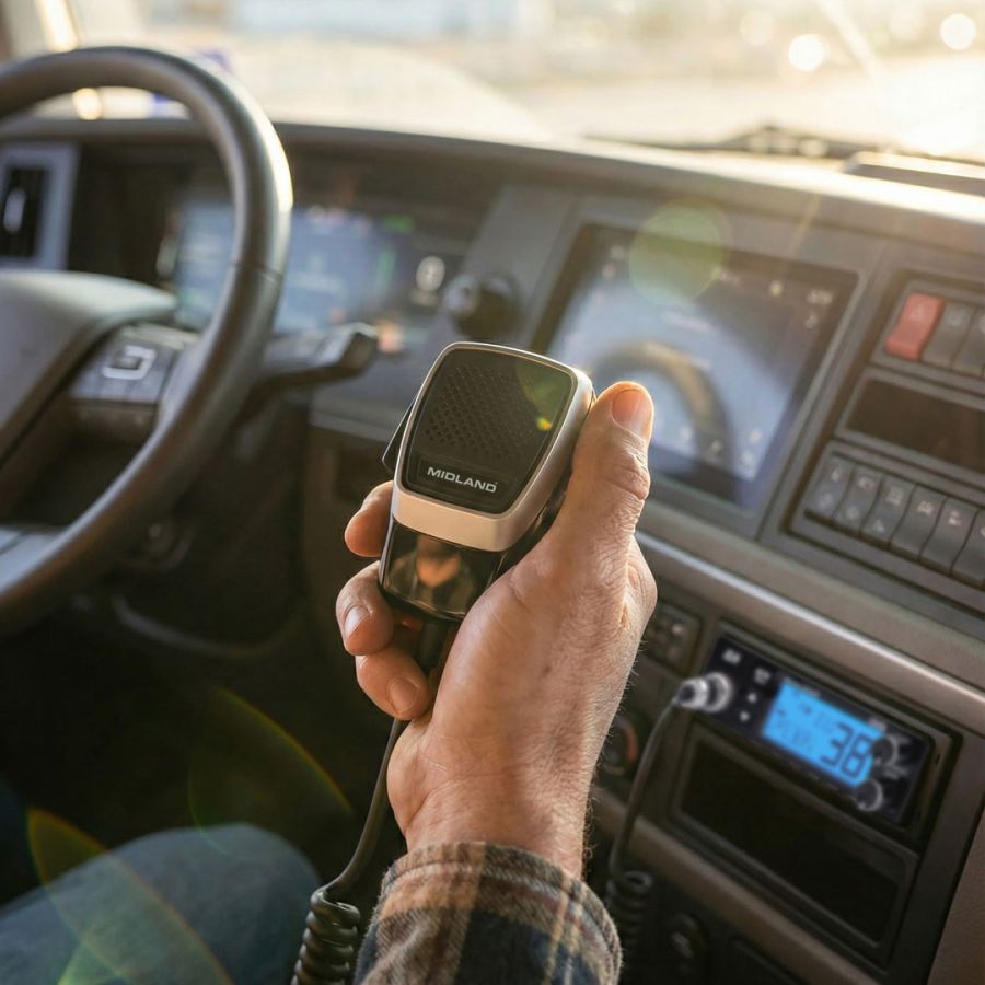 Vrachtwagenchauffeur heeft de microfoon van een Midland 38 27MC transceiver in zijn hand
