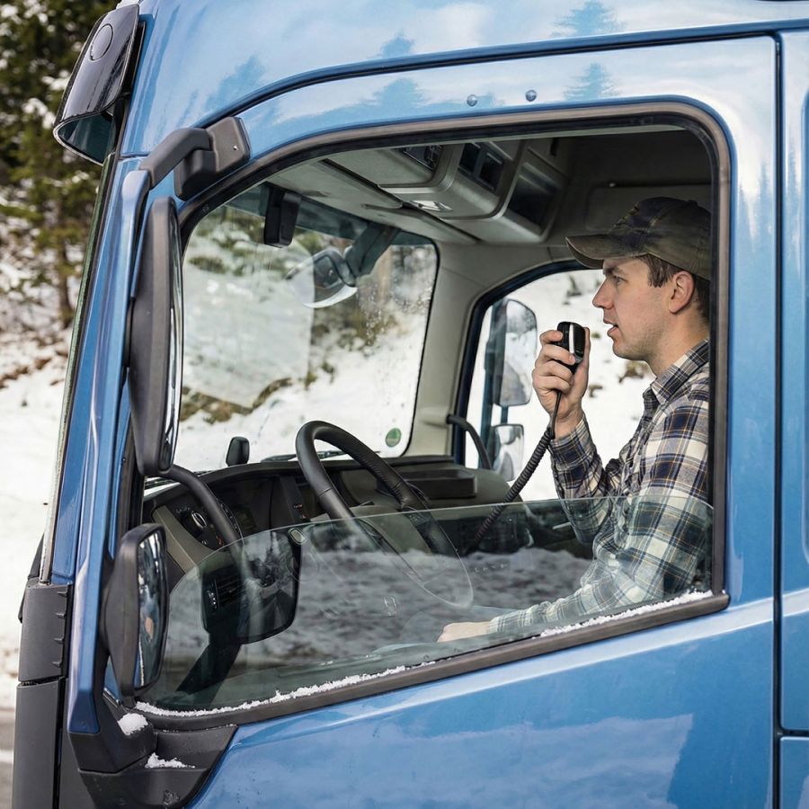 Vrachtwagen chauffeur achter het stuur die door een 27MC microfoon praat