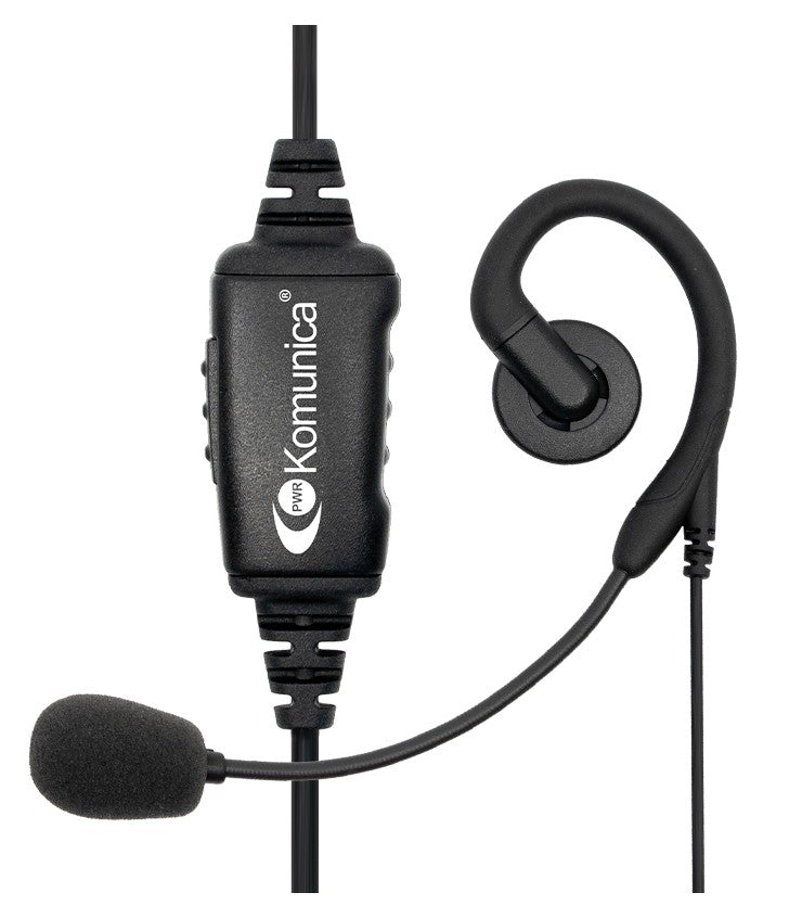Close-up van de bediening van de Komunica PWR-MIC-2-M 2-Pins headset met microfoonboom voor Motorola, Midland, Hytera en Yaesu headset met microfoon
