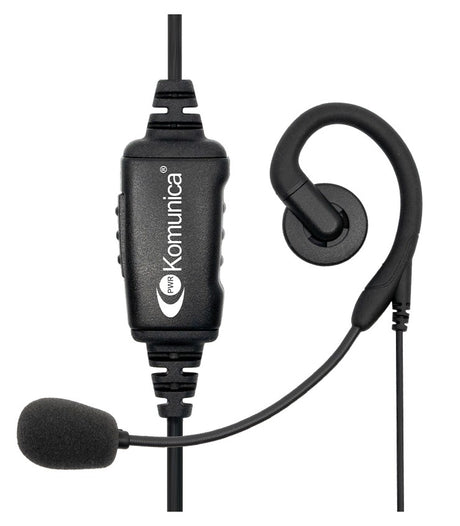 Close-up van de bediening van de Komunica PWR-MIC-2-M 2-Pins headset met microfoonboom voor Motorola, Midland, Hytera en Yaesu headset met microfoon