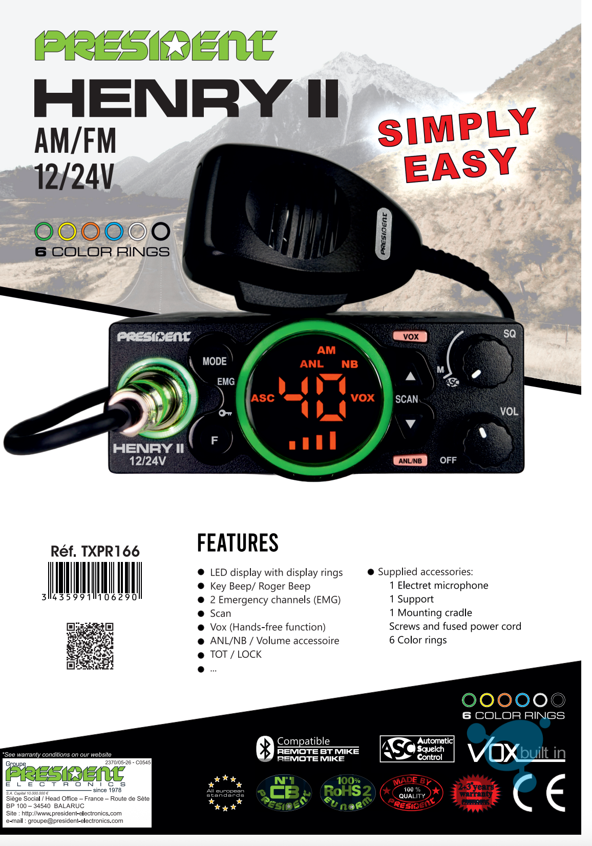Datasheet van de President Henry 2 27MHz transceiver en CB-radio