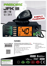 Datasheet van de President JFK-3 27MC transceiver met AM en FM voor 12V en 24V voedingsspanning