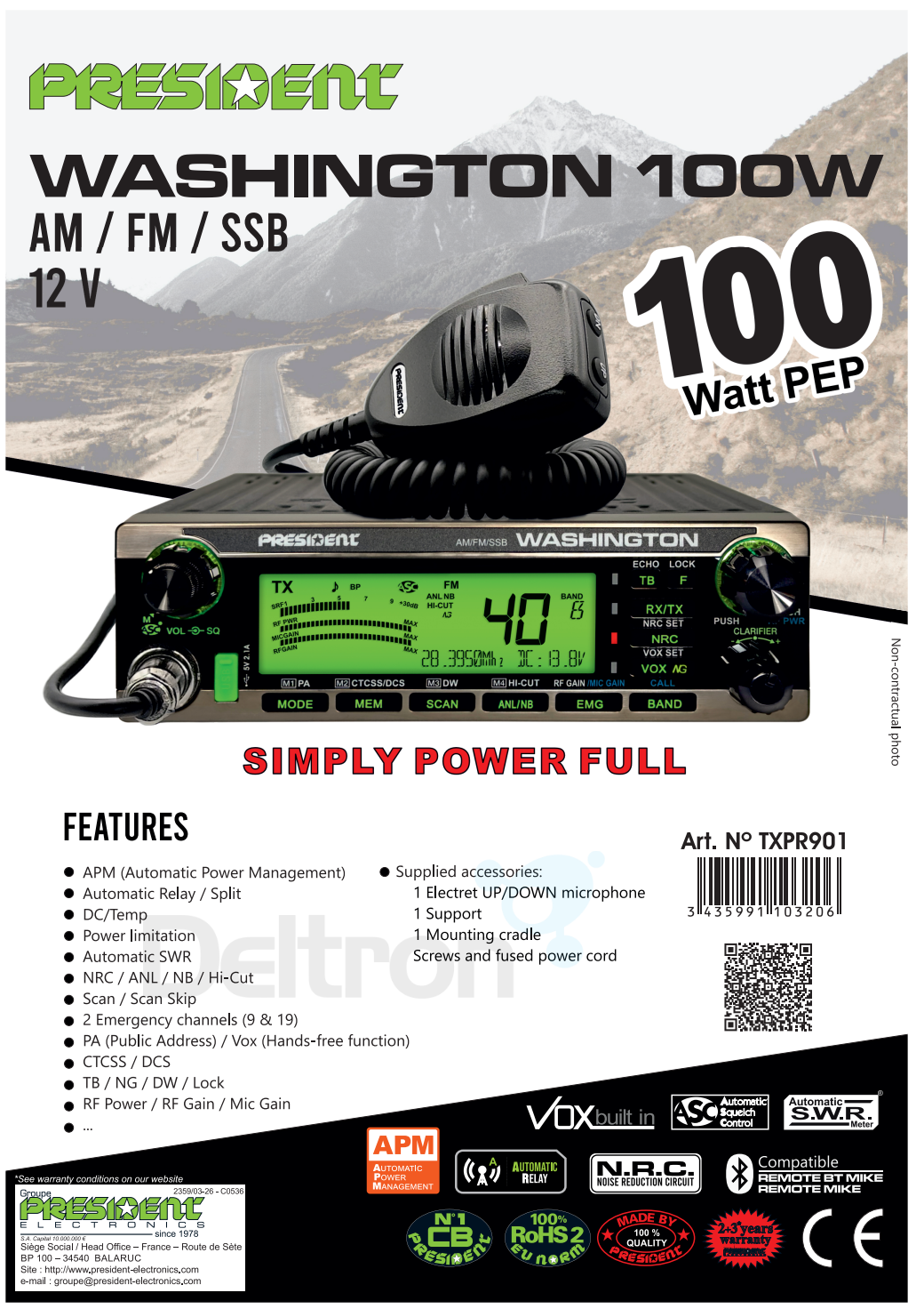 Datasheet TXPR905 President Washtington 100W PEP 12V transceiver voor AM, FM en SSB